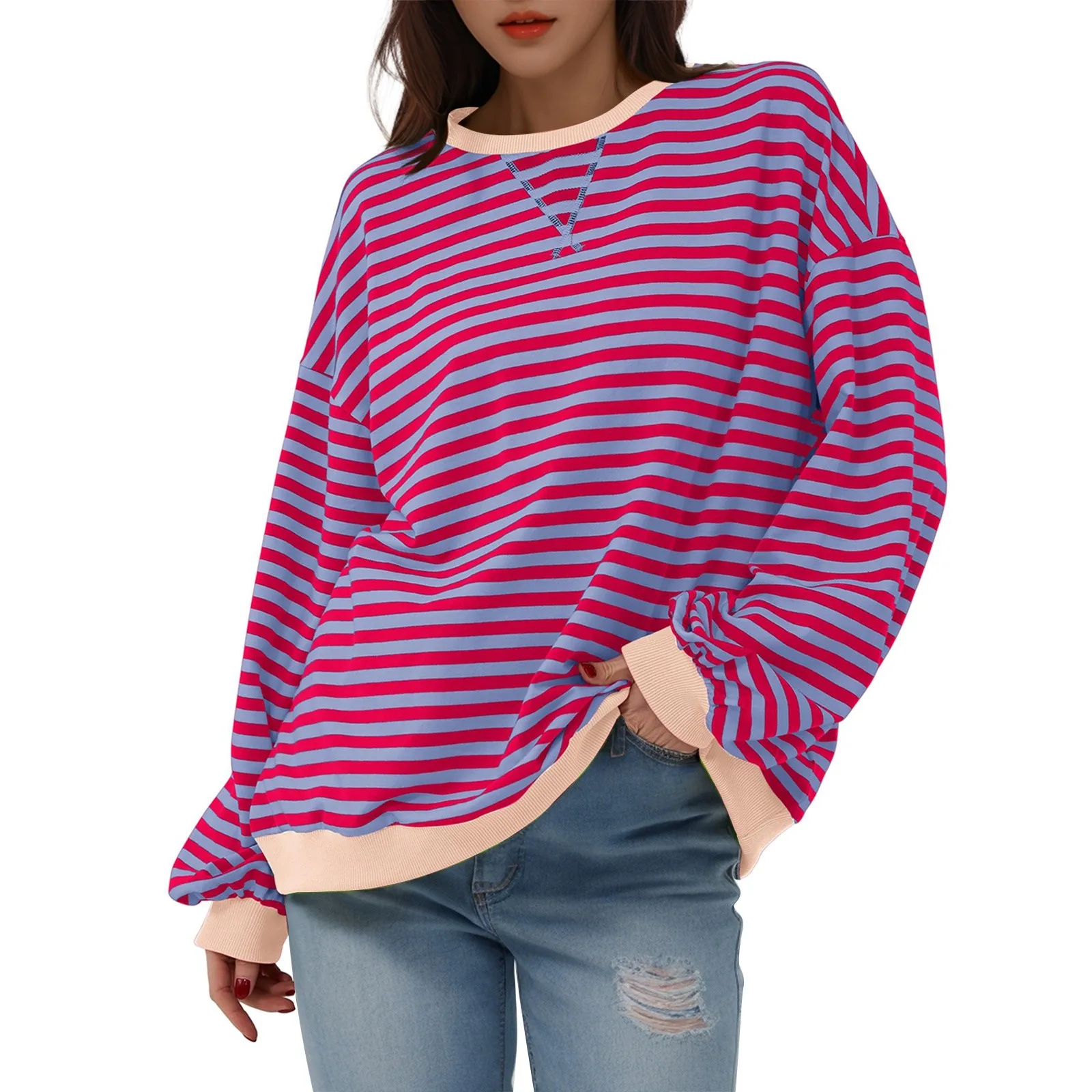 Women\'s Oversized Striped Color Blocking Long Sleeved Round Neck Sports Shirt Casual Loose Fitting Pullover Shirt Top