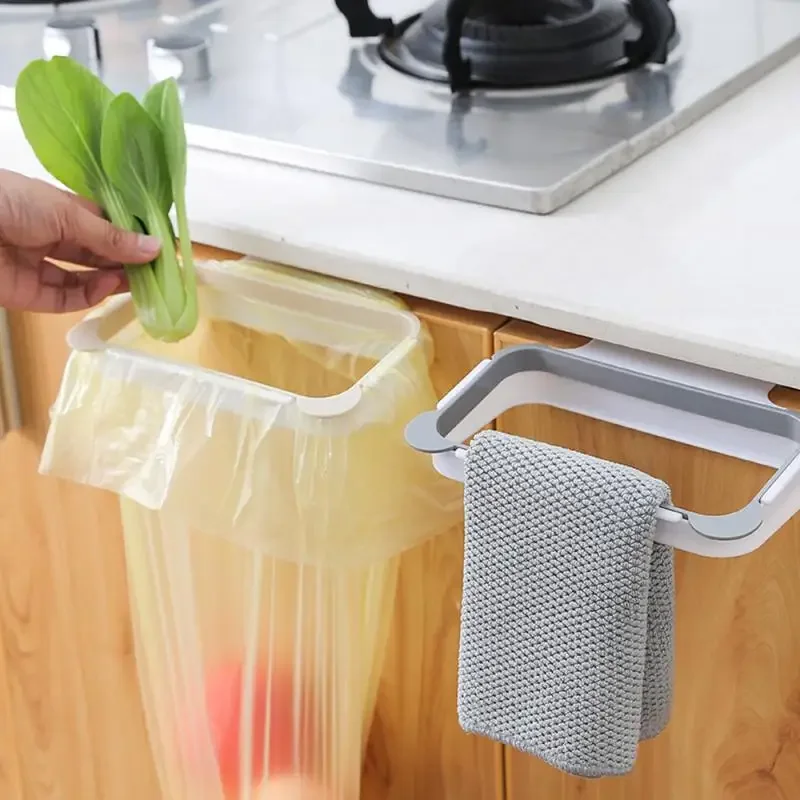 1pc Kitchen Cabinet Door Basket Hanging Trash Can Waste Bin Garbage Bag Holder Portable Kitchen Trash Bag Holder Kitchen Gadgets