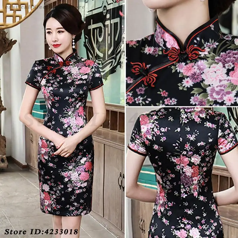 

Большой размер 6XL с цветочным принтом Cheongsam, сексуальное мини-короткое платье Ципао в китайском стиле, традиционное шелковистое атласное платье, винтажное вечернее платье