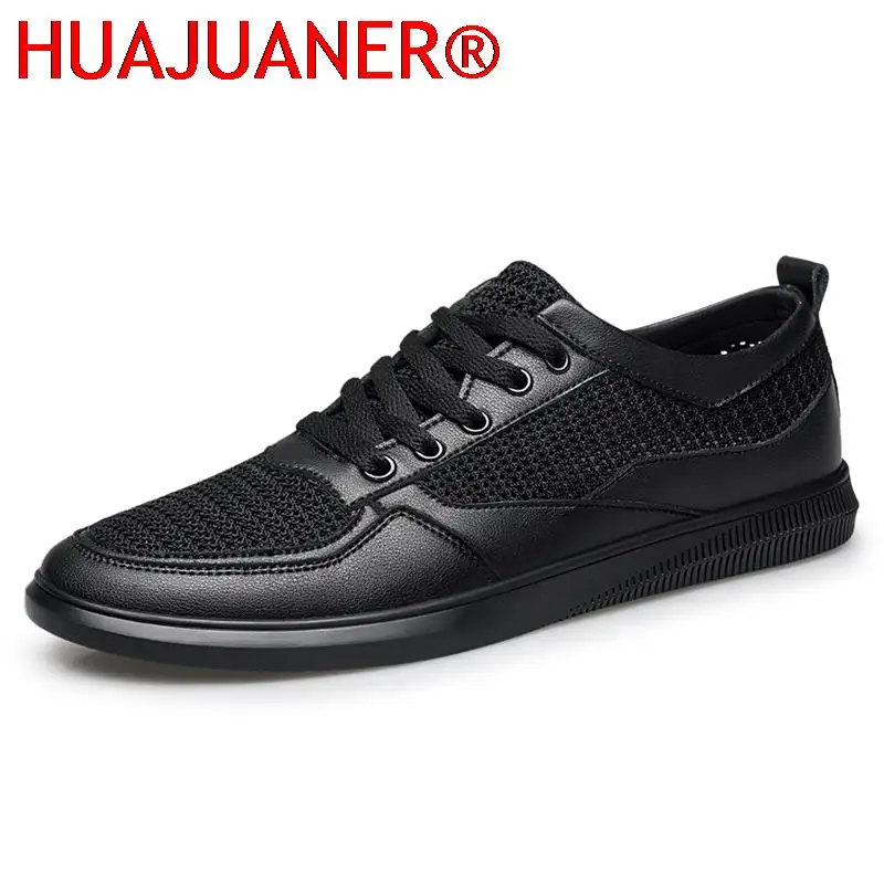 

Genuine Leather Shoes Men Sneakers Breathable Cow Leather Mens Casual Shoes Hollow Out Mesh Young Man Black White Male Footwear