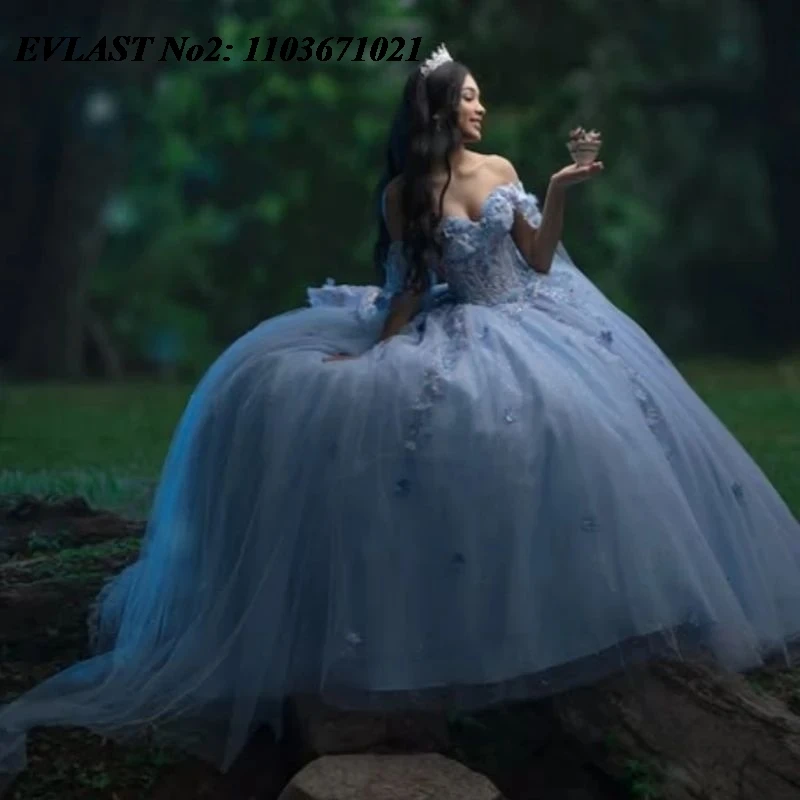 

EVLAST Customized 2026 Sky Blue Quinceanera Dress Off Shoulder Lace Applique Beading Bow Sweet 16 Vestidos De 15 Anos E2QA84