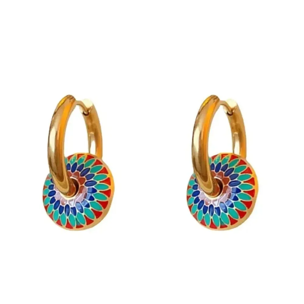 Charm Colorful Enamel Daisy Flower Gold Color Stainless Steel Pendant Necklace Hoop Earrings for Womens Jewelry Set Accessories