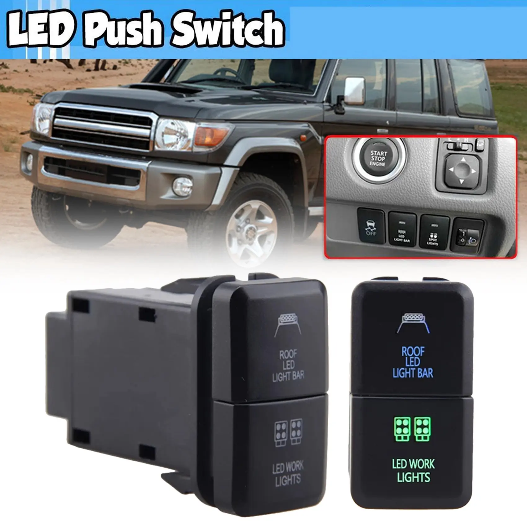 M93K-2X 12V Car Dual LED Light Bar Blue/Green On-Off Push Switch Button For Toyota Prado Reiz Hilux Landcruiser Light Button