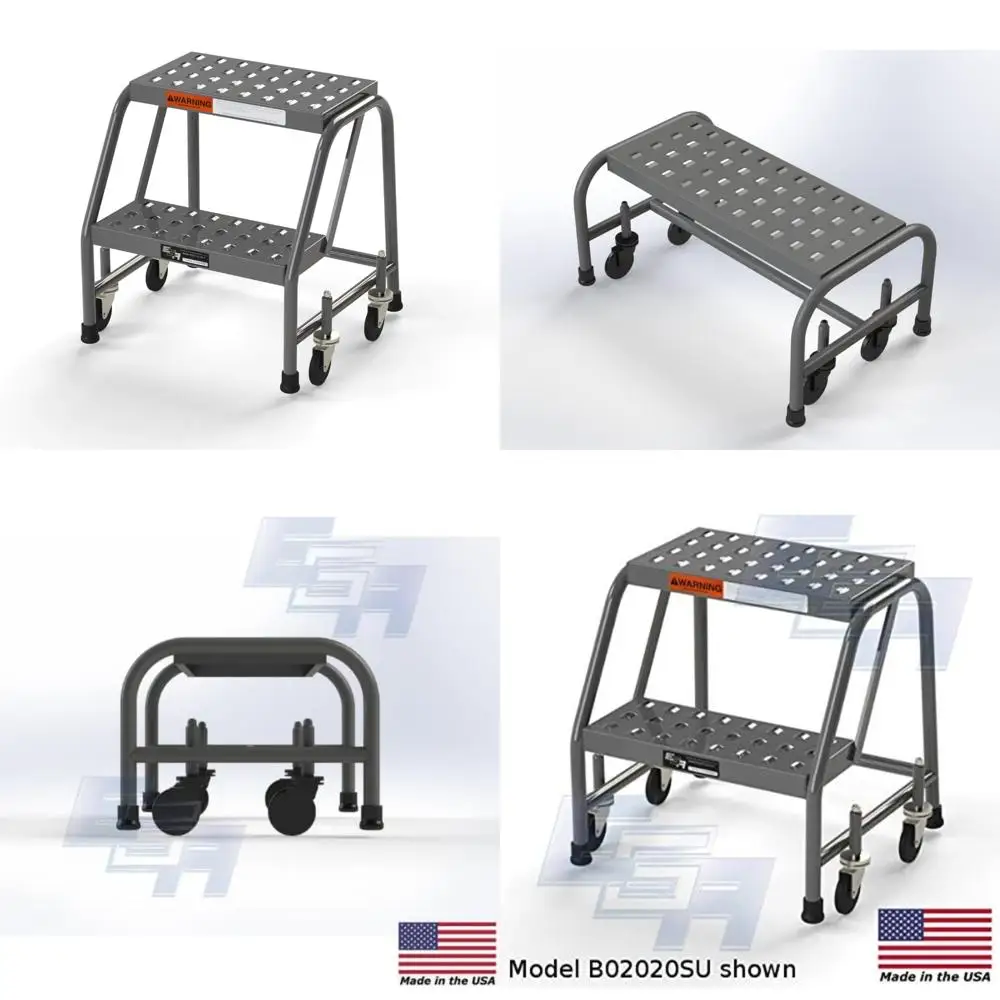 Two-Step Rolling Stool Ladder, Model B2020SU, 20-Inch Top Step, OSHA-Approved, American-Made, 2-Step, 16-Inch Wide Perforated Tr