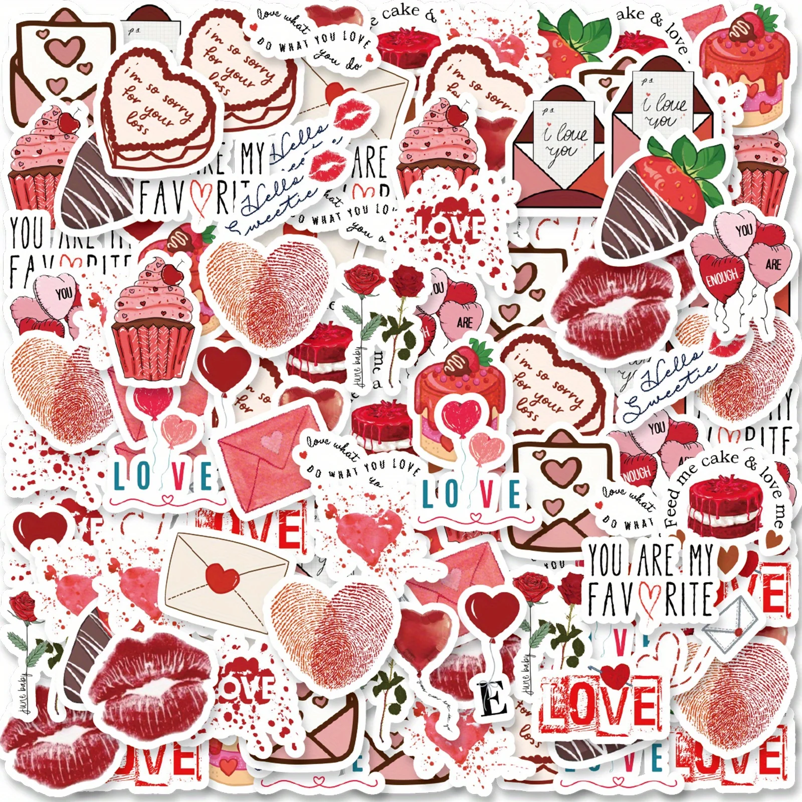 46pcs Romantic Red  White Stickers Heart Cake Kiss and “You're My Favorite” Waterproof PVC Stickers Perfect for Notebooks Mugs
