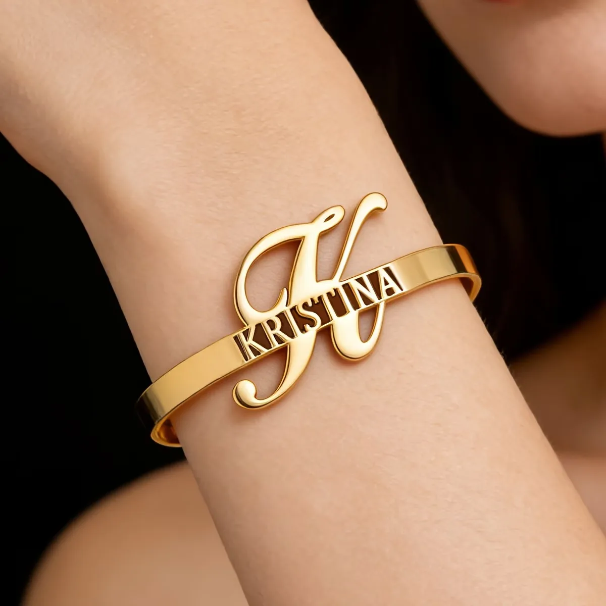 

Custom Letter Name Bracelet] Personalized Letter Plaque Open Bangle - Elegant & Exquisite Custom Large Letter Name Bracelet