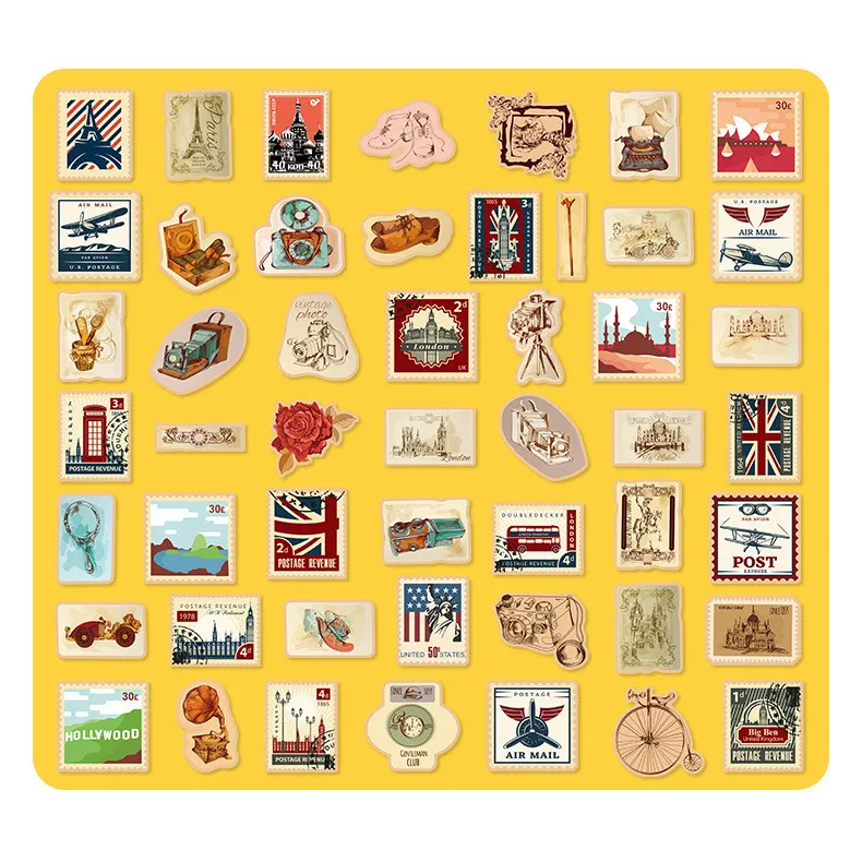 50개 르네상스 영국 및 미국 레트로 우표 방수 그래피티 스티커 핸드 어카운트용 블링블링 스티커 스토어