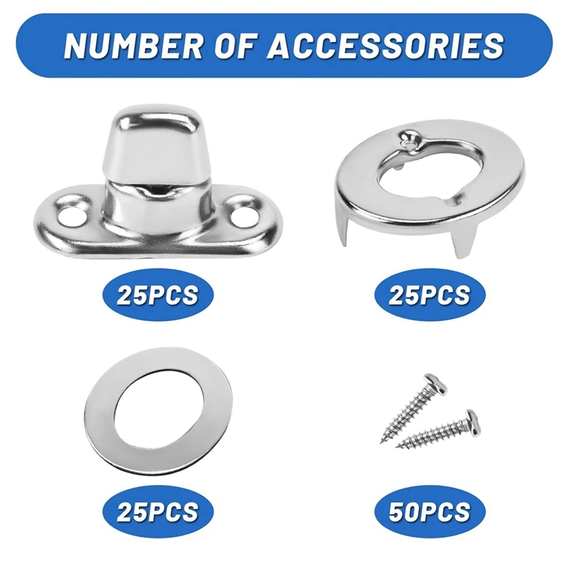 캔버스 해양 보트용 회전 단추 구멍, 스터드 및 스테인레스 스틸 나사, 해양 등급 트위스트 잠금 패스너, 25 세트