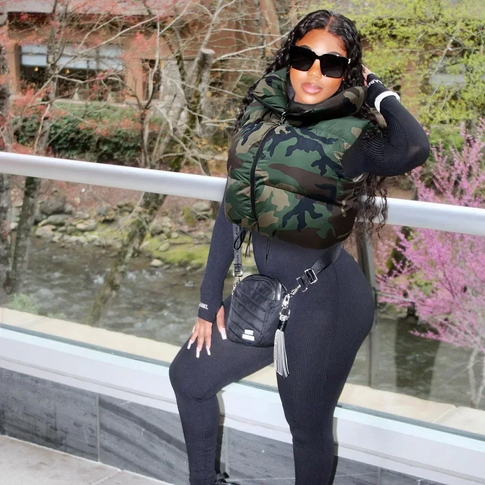 XXL Camouflage Puffer Jackets Vest Women Sleeveless Camo Bubble Coats Parkas Down Drawstring High Waist Vests Cotton Crop Parkas