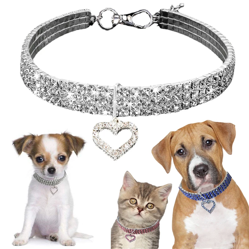 

Rhinestone Dog Collar for Large Dogs Small Middle Cat Collars Gato Necklace Heart Pendent Bling Crystal Fashion Pet Accessories