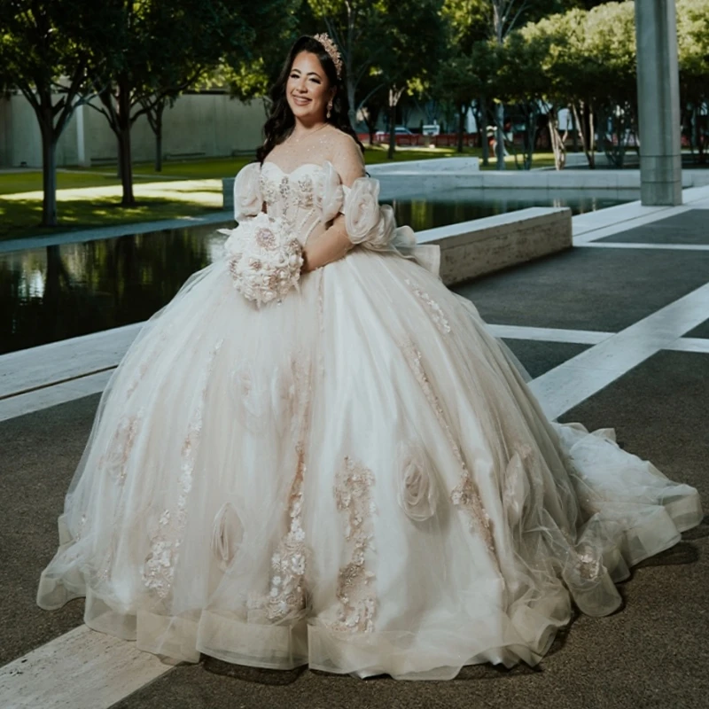 

Ivory Shiny Princess Off the Shoulder Sweet 16 Dress Quinceanera Dresses Applique Flower Beads Bow Tull Party Birthday Vestidos