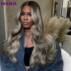 Brown Highlights Ash Blonde Body Wave Transparent 13X6 Lace Frontal Wig PrePlucked Human Hair Wig For Women 5X5 Lace Closure Wig