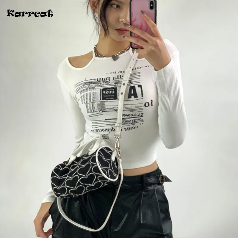 Karrcat Korean Fashion Hollow Out Crop Tops Grunge Letter Printed Long Sleeve T-shirts Vintage Streetwear Sexy Slim Tee Shirts