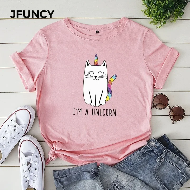 JFUNCY 100% Cotton Women Summer T Shirt Cute Unicorn Print Tees Tops Short Sleeve Woman T-shirt Female Loose Tshirt