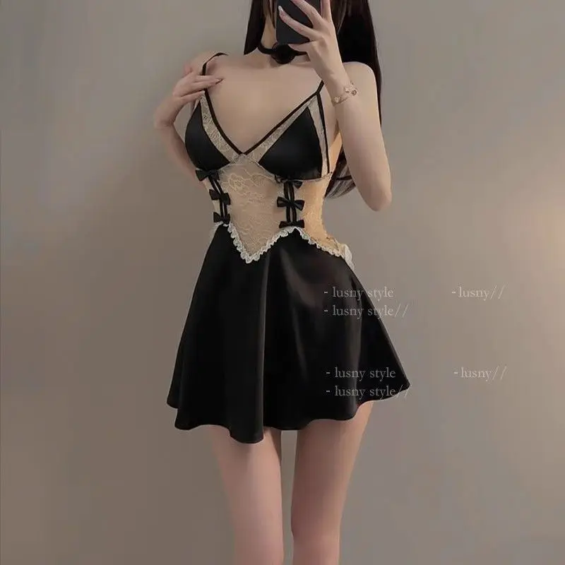 Sexy Pajamas Women's Summer Ice Silk Thin Small Chest Erotic Underwear Large Size Lace Suspender Nightdress Exquisite Fashion