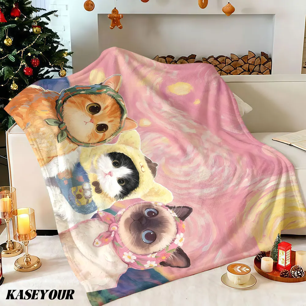 Van Gogh Style Cat Winter Summer Flannel Blanket Throw Fleece Soft Fuzzy Plush Cozy Fleece Blankets for Sofa Ideal Gifts