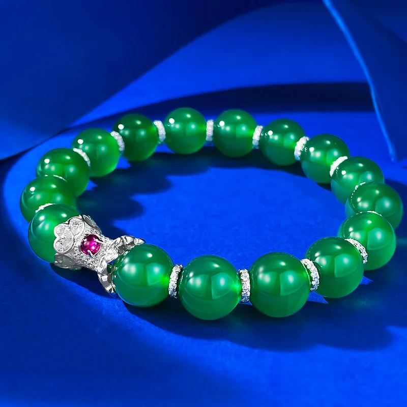 

S925 Silver Inlaid Jade Agate Jade Yang Green Jade Bracelet National Style Bracelet New Stroke