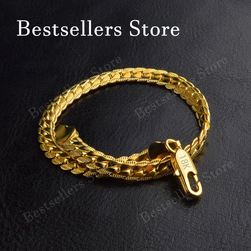 925 Sterling Silver 18K Gold 6mm Side Chain Bracelet Fashion Men's Women's Charm Jewelry Gift