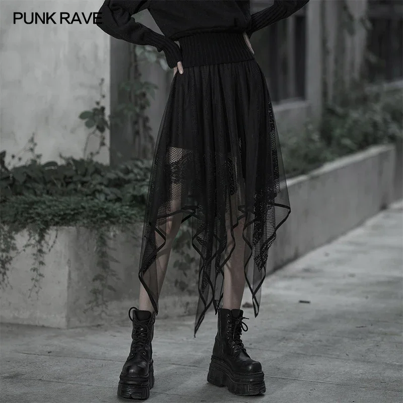 

PUNK RAVE Women's Gothic Mesh Irregular Skirt Female Black Lace Hollow Out Summer Fashion Harajuku Casual Girl Skirts