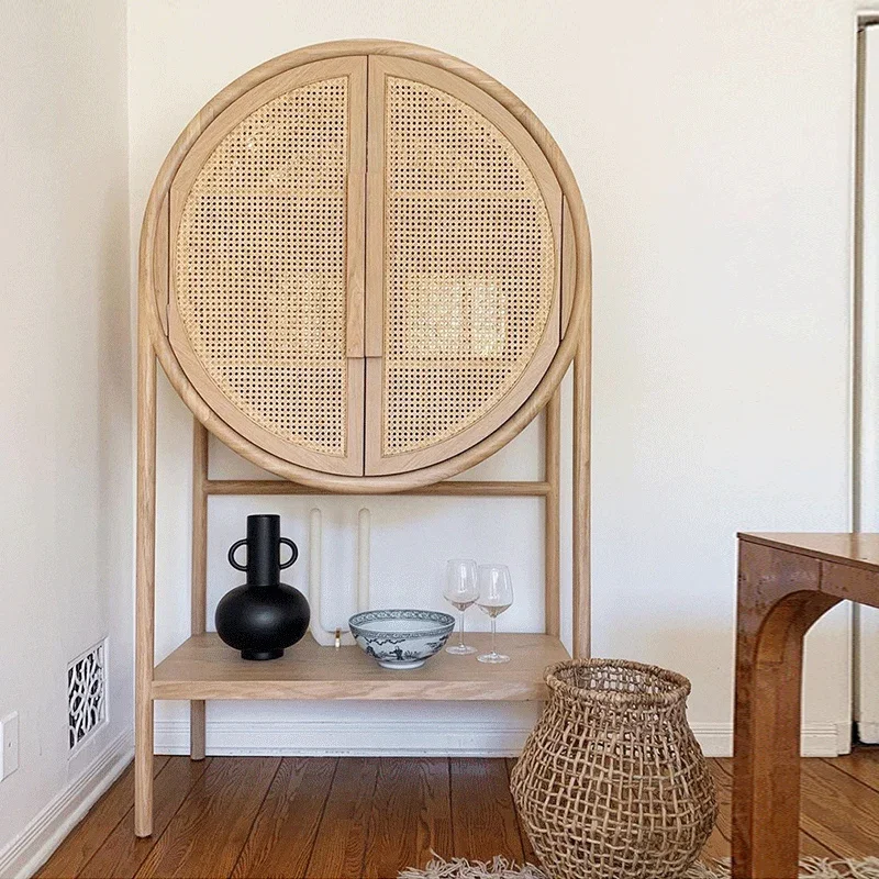 

Nordic Light Luxury Solid Wood Sideboard Living Room Vintage Rattan Storage Cabinet Ins Wine Cabinet