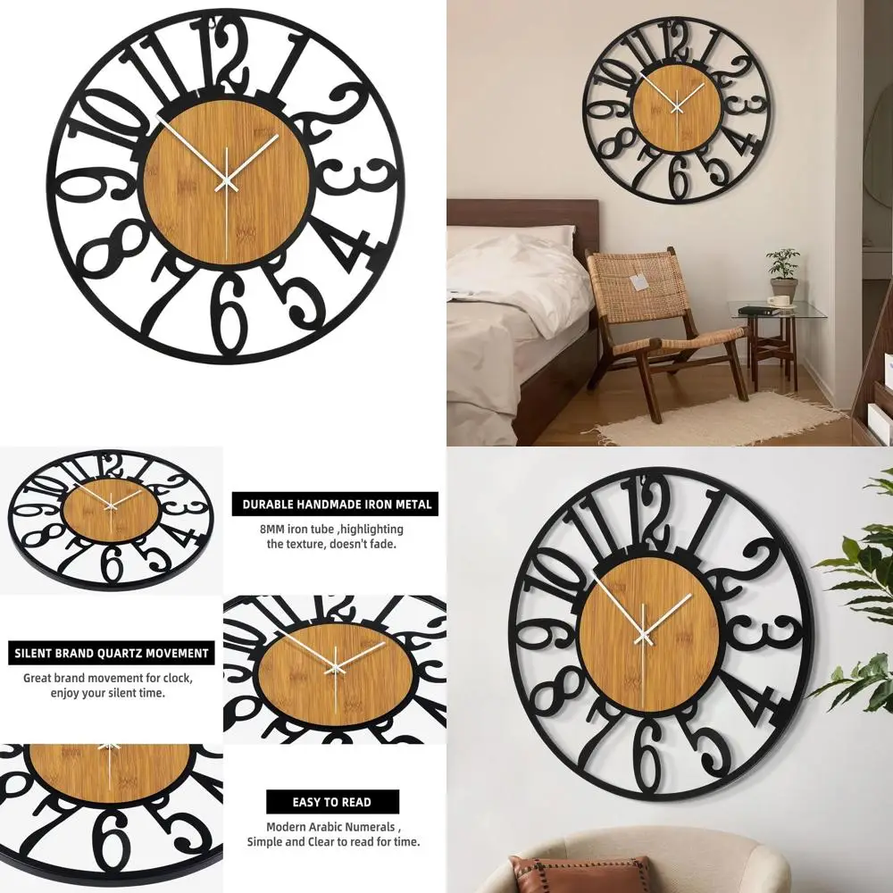 

30 Silent Large Wall Clock, Battery-Powered, Modern Round Wood & Metal, Ideal for Living Room, Bedroom, Kitchen, Office - Black