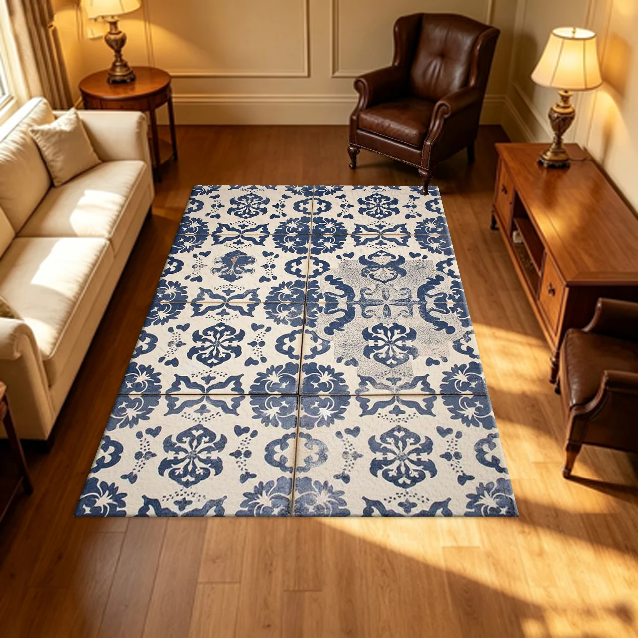 Vintage Blue White Portuguese Tile Pattern Carpet Flooring Retro Distressed Floral Ceramic Tile Effect Household Area Rug