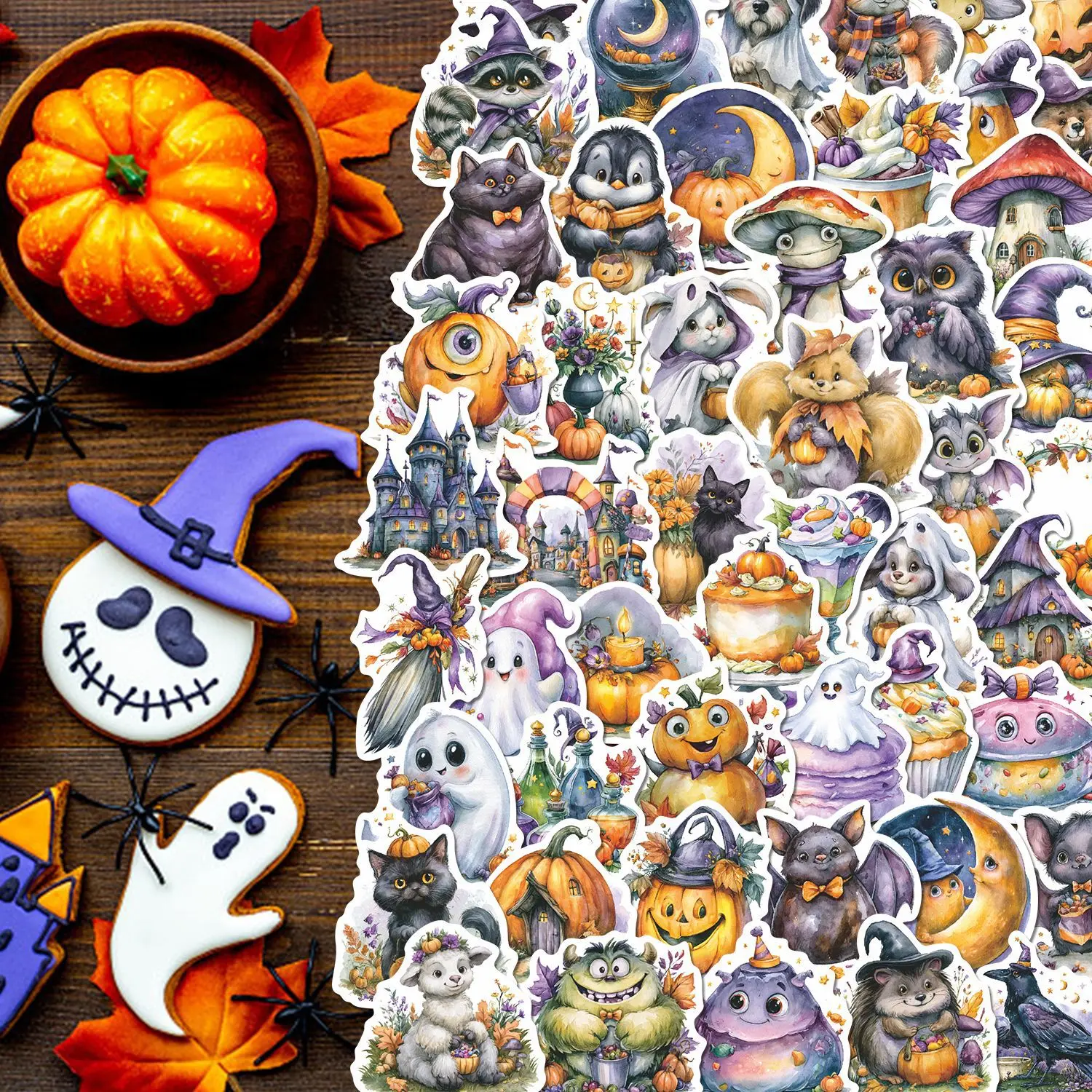 50Pcs Watercolor Halloween Stickers Pumpkin Ghost Bat Cartoon Decals for Scrapbook Water Bottle Luggage Waterproof