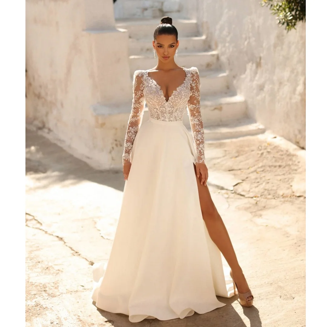 

V Neck Lace Long Sleeves Wedding Dresses A Line Satin Slit Bridal Gown Backless Party Dress Fashion robe de mariée Customized