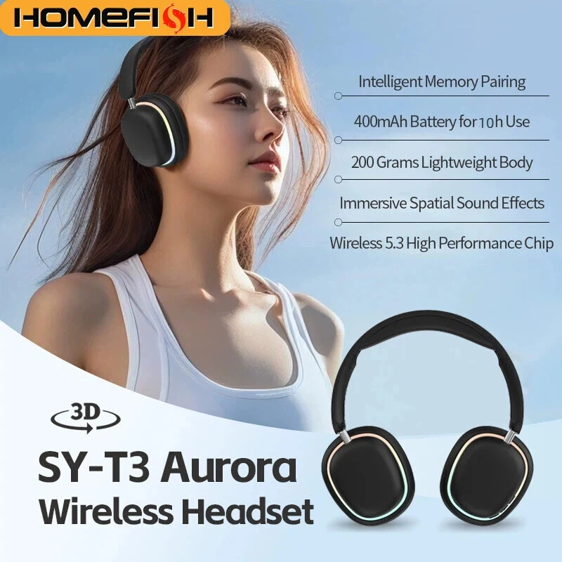 

Беспроводные наушники HOMEFISH SY-T3 Aurora с Bluetooth 5.3, RGB-подсветкой, 40-мм Hi-Fi динамиками, 10-часовой автономной работой и съемным микрофоном