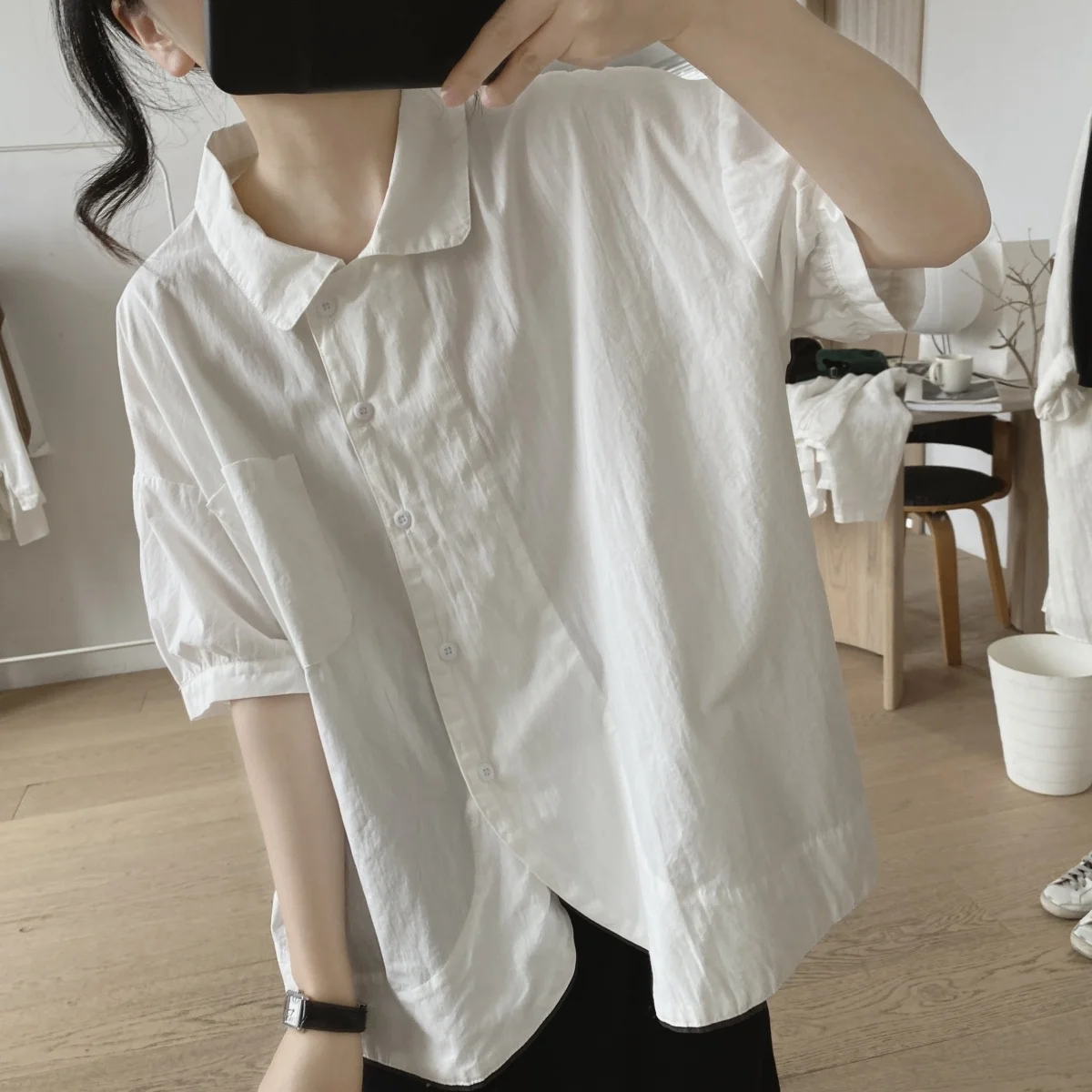 

Short Sleeve Shirts Womens Cotton Shirring Pintuck Slim Style Minimalist Simple Urban Office Lady Elegant Modern Professional