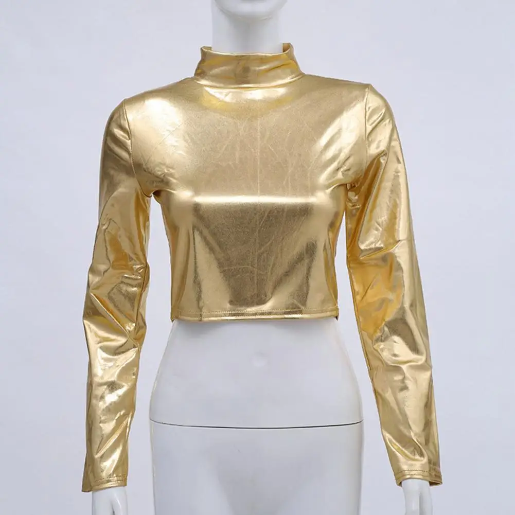 Elastic Skin-friendly Top Glossy Faux Leather Half-high Collar Women's Club Top with Waist-exposed Long Sleeve Skinny Pullover