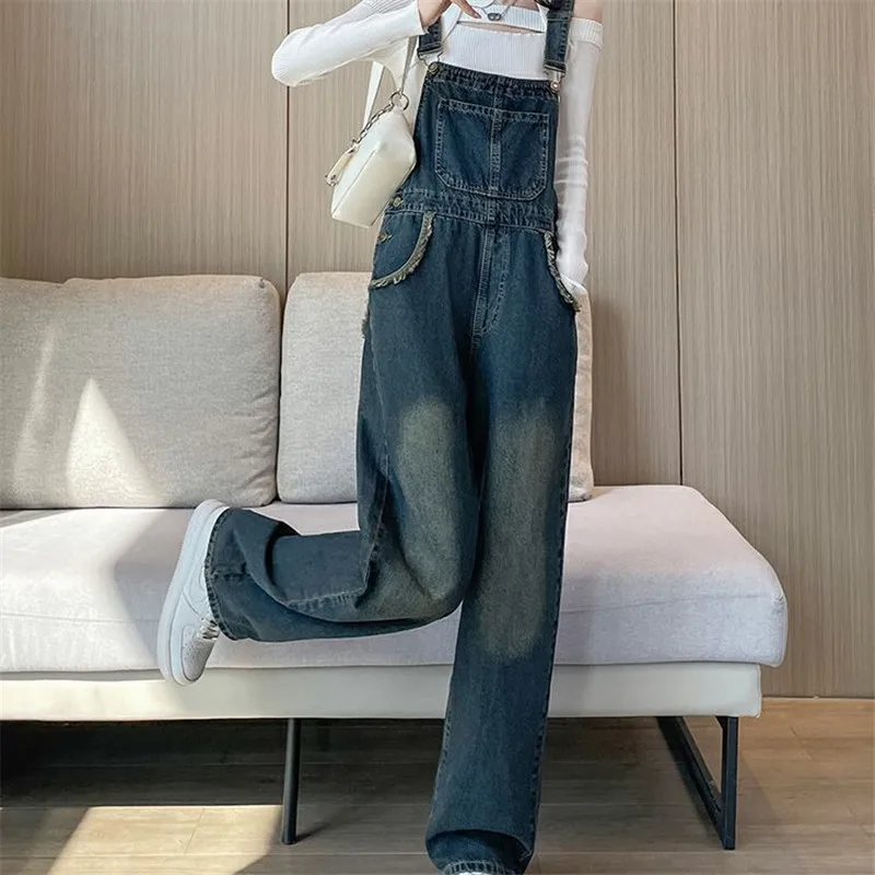 

2024 Spring Summer Vintage Denim Jumpsuit Women Clothes Streetwear Loose Casual Wide Leg Pants Femme Denim Overalls Monos Largos