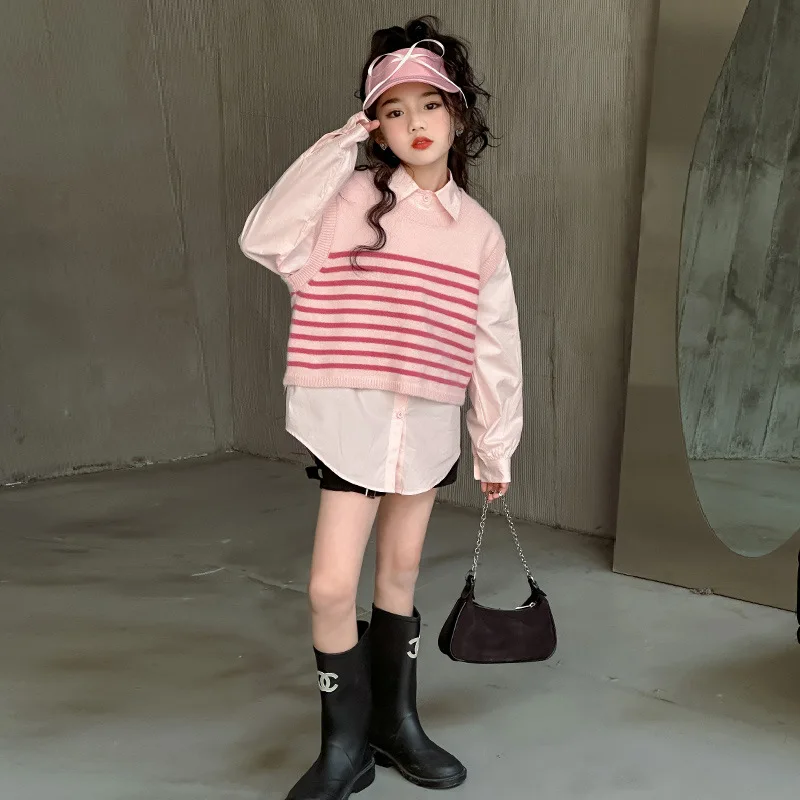 Striped Sweater Vest Shirt Two-piece Set Grils Children Autumn Fashionable Korean Loose Casual Sweet Cute Long Sleeves