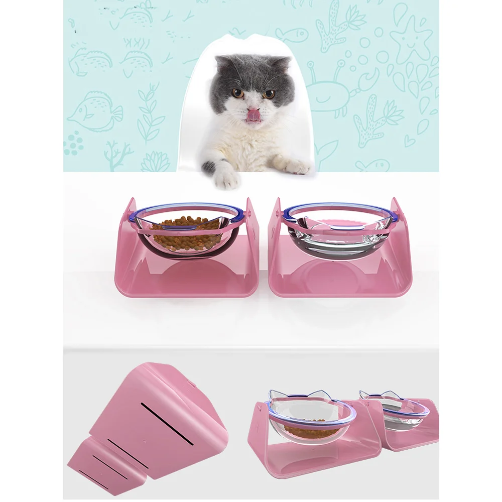 Cat bowl protects cervical vertebrae,cat food bowl prevents overturning,double bowl plastic transparent food bowl,drinking water