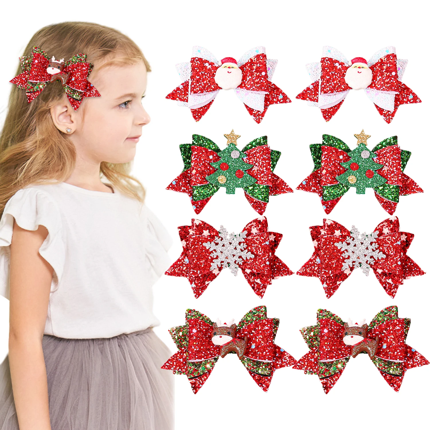 

2/8pcs Glitter Sequined Cartoon Christmas Tree Snowflake Reindeer Santa Claus Bow Hairpin For Girls Christmas Hair Accessories