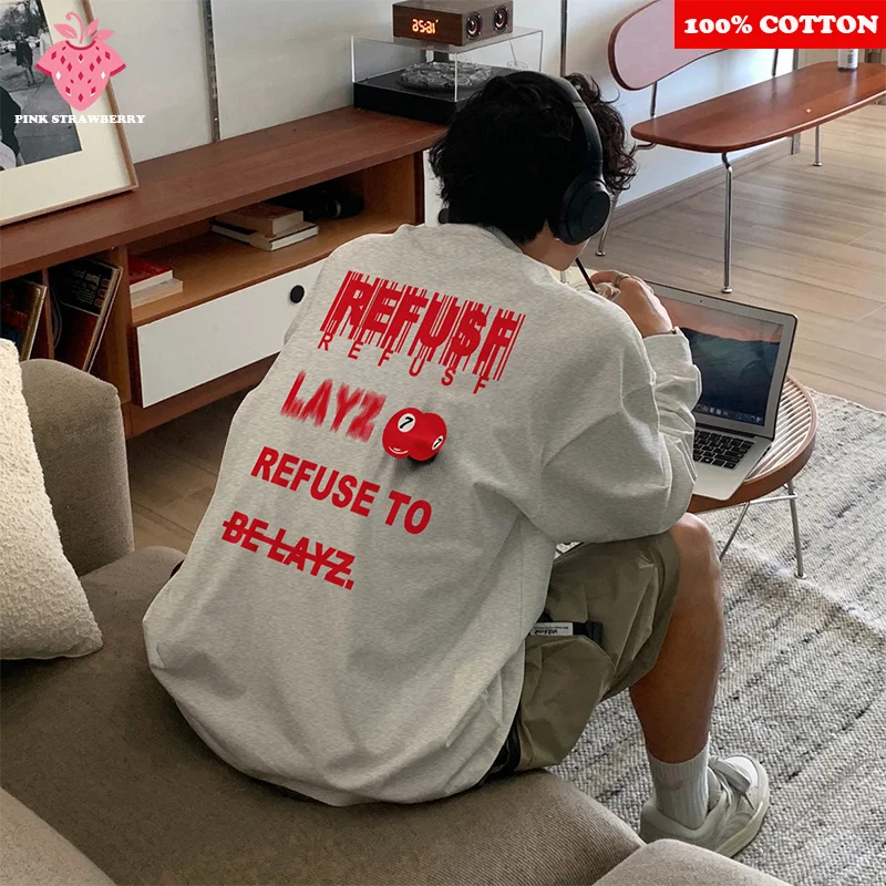 

American retro hip-hop T-shirt Men's Autumn Winter 2025 New 100% Cotton Letter Print Long sleeved Tee Loose Y2k Top men clothing