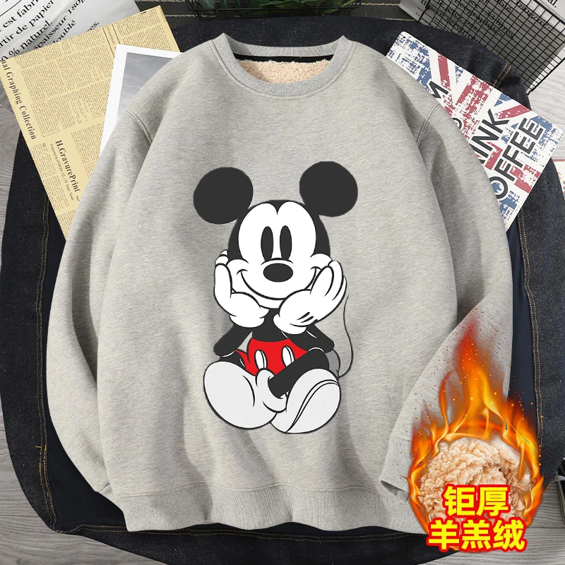 Mickey Minnie Mouse Sweatshirt Women Winter Thicken Crew Neck Sweatshirt Cartoon Printed Female Fleece Pullover Loose Sweater