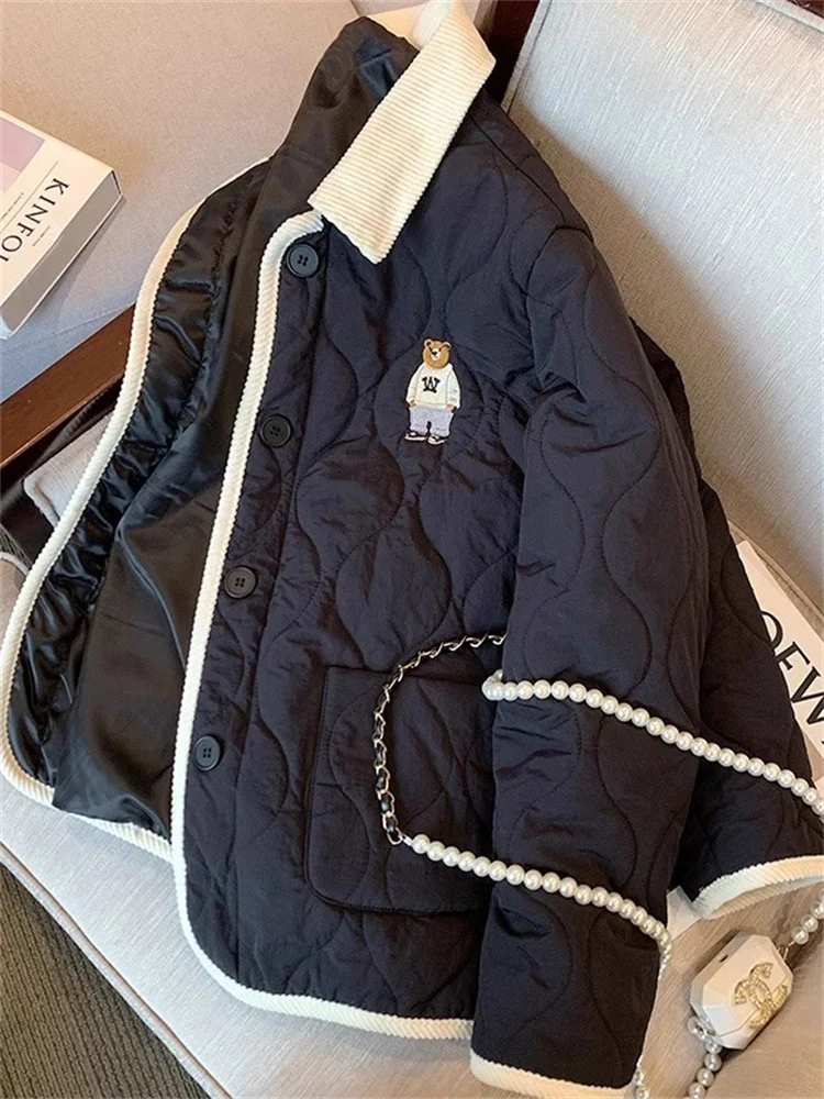 

Корейский винтажный контрастный цветной воротник с медведем, хлопок, осень-зима, мужской и женский джет с небольшим узором, настойный джерт