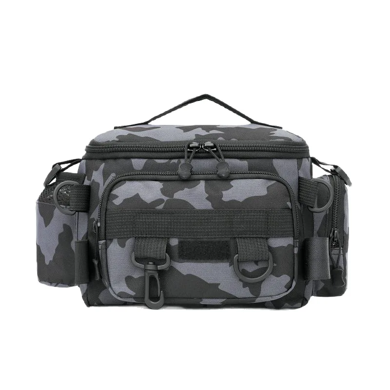 Black Fishing Tackle Shoulder Bag Storage Waist Bag with Fishing Rod Holder Outdoor Sports Bag