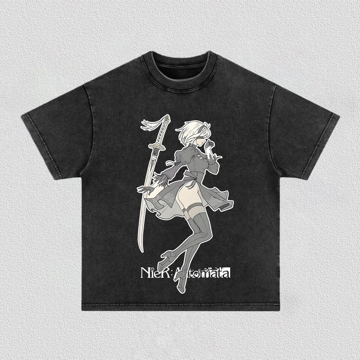 Washed Oversized T-shirt Men Women Cotton Tshirts Retro Nier Replicant Automata 2B Nier Mask T Shirt High Street Hip Hop Top Tee