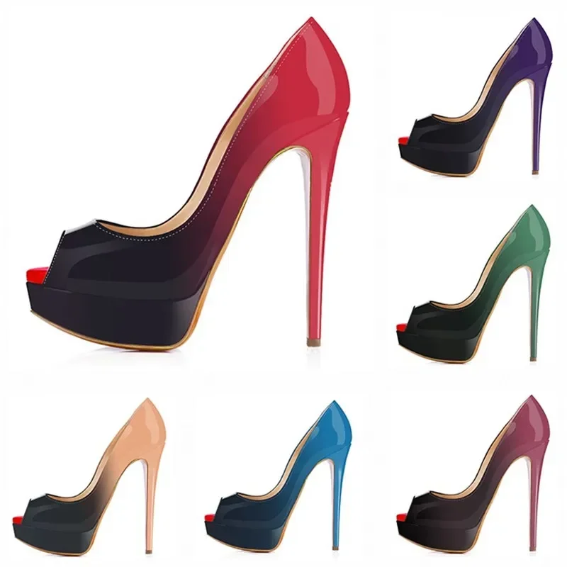 Bombas de couro envernizado para mulheres, sapatos de plataforma sexy, peep toe, saltos extremamente altos, agulha vermelha, festa de casamento,