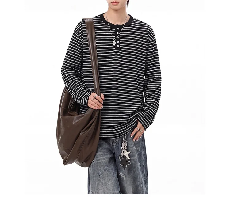 Herbst Neuheit: Henry-Kragen Gestreiftes Casual-T-Shirt mit Knöpfen, Übergröße, Locker Geschnitten, Langarm, Weiche Strick-Unterwäsche für Herren, Basisschicht-Oberteil – Detail 5