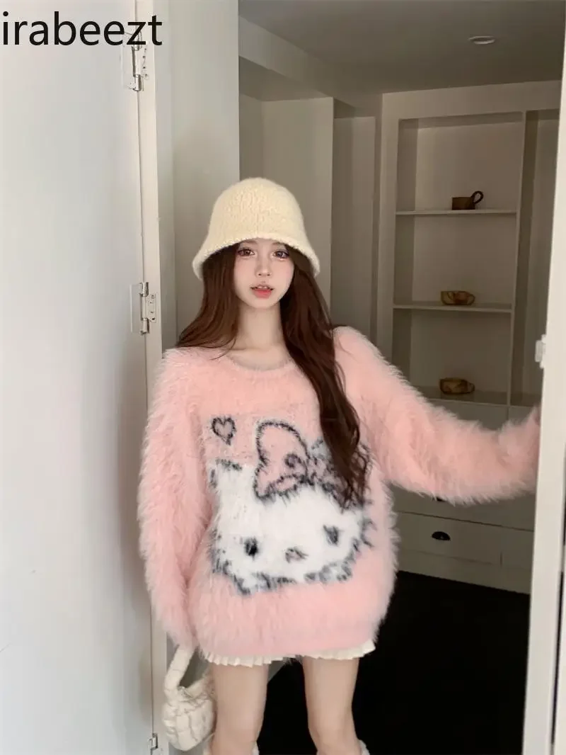 Cartoon Jacquard Zacht Wasachtige Pullover Trui Dames Herfst Winter Zoete Losse Imitatie Nerts Haar Top Sueter Mujer