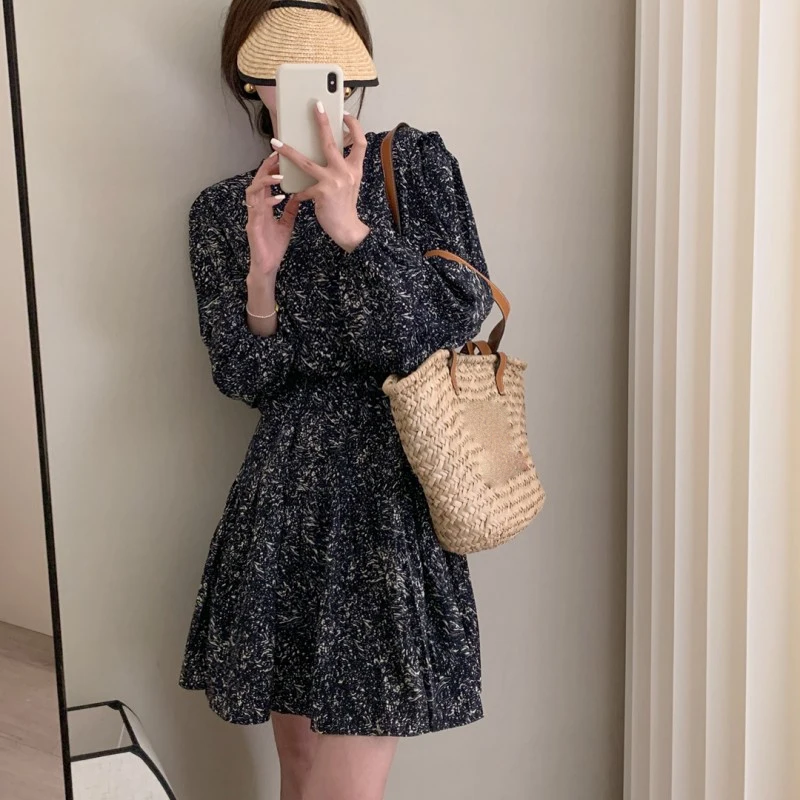 Slimming Floral Print Vintage Dr Women's High Waist A-Line Skirt Long Sve Bubble Sve Commute Sle Mid-Length Dr