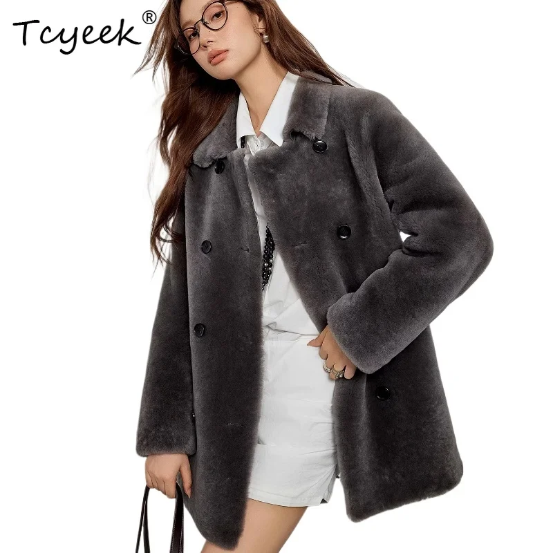

Tcyeek 100% Real Wool Autumn Winter New High End Shearling Dark Gray Medium Length Women's Lamb Wool Fur Coat Fourrures Femme