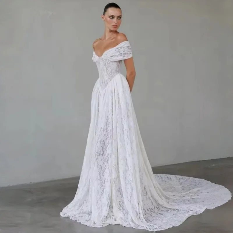 White Off Shoulder Wedding Dresses Sleeveless Floral Lace Bridal Gowns A-Line Court Train Wedding Gowns 2026 Customizable