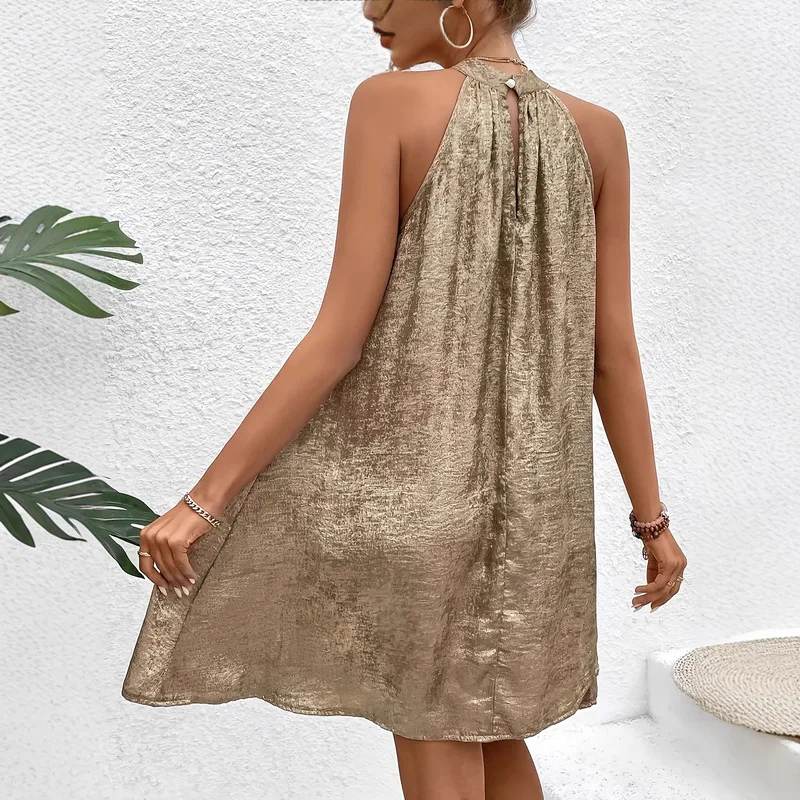 Women Casual Elegant Gold Halter Neck Short Summer Dress 2025 European Style Vacation Party Outfit