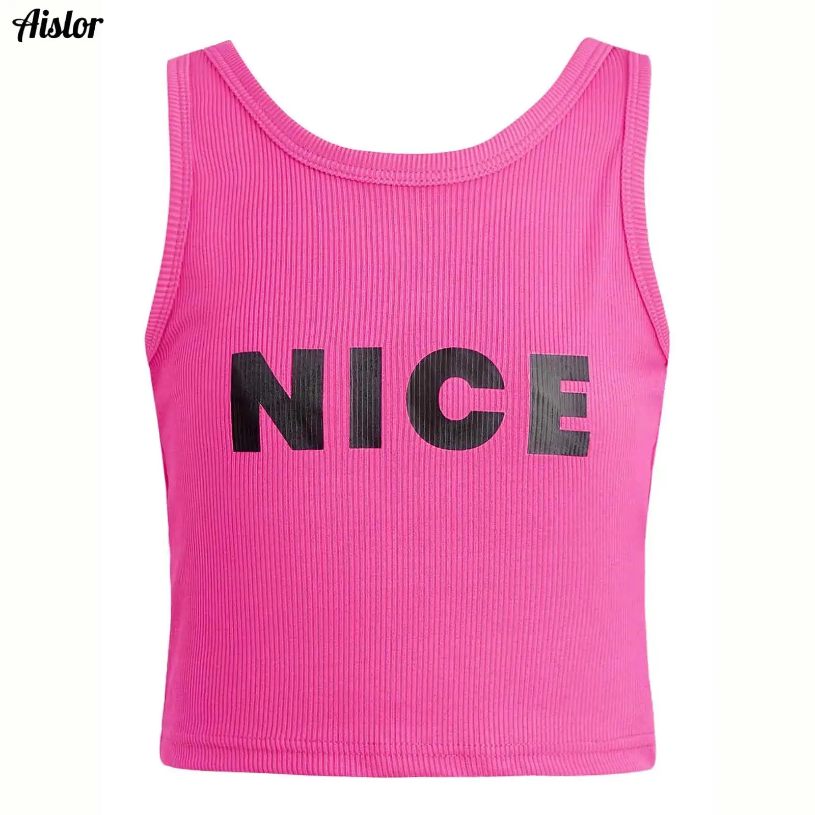 

Kids Girls Sports Vest Summer Letter Print Breathable Ribbed Cross Wrap Back Tank Top Tees Camisole Yoga Hip-Hop Dance Crop Top