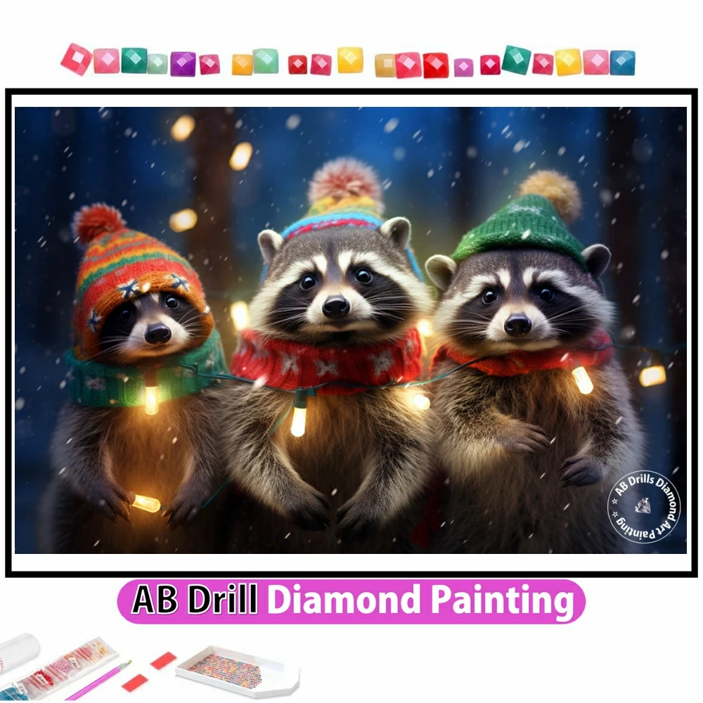 

Christmas Raccoons 5D DIY AB Diamond Painting Mosaic Cute Animal Square Round Cross Stitch Embroidery Home Decor Children's Gift