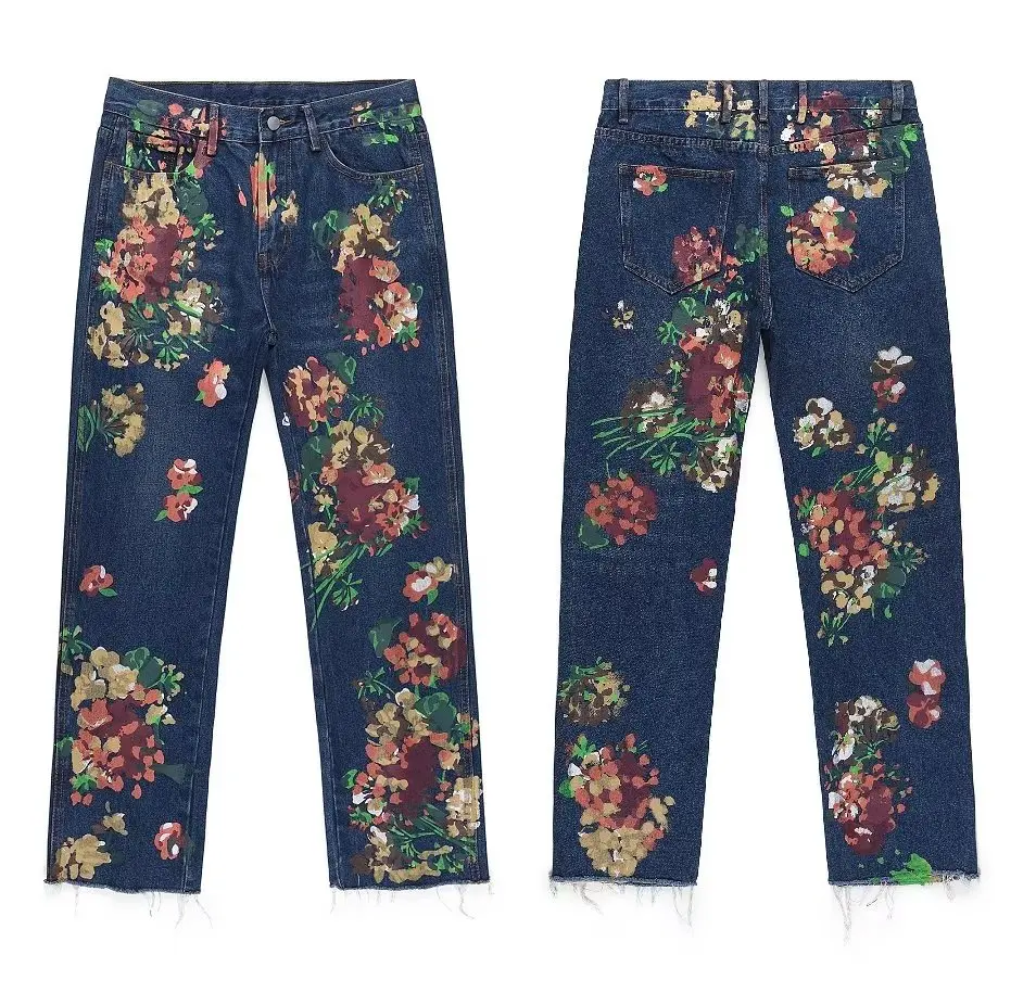 

High Street Hand Painted Floral Jeans Mens Straight Oversized Retro Casual Denim Pants Loose Washed Ripped Jean Trousers y2k